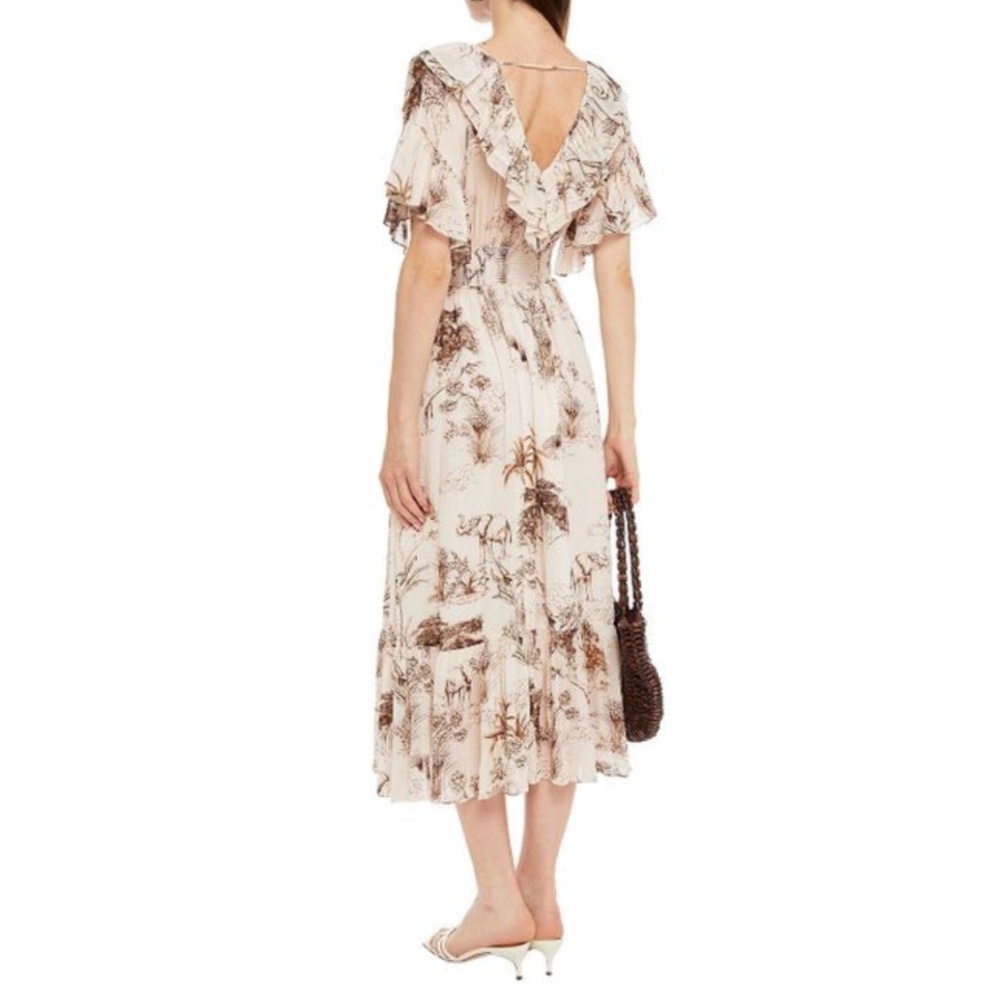 NWT | Sandro Natural Marro Ruffled Printed Gauze Midi | Sz 6 or 38 - Picture 2 of 4